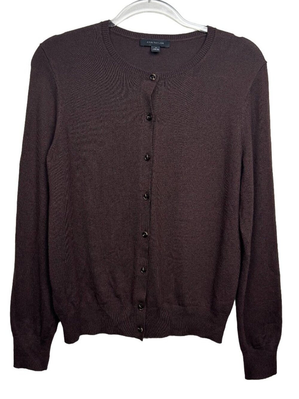 Crewneck Cardigan Chocolate Brown Slim Fit Ann Taylor Size M Shrunken Crew Cardi